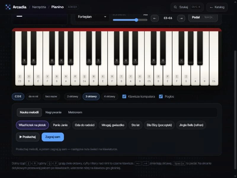 Pianino: klawiatura z nauką melodii i metronomem