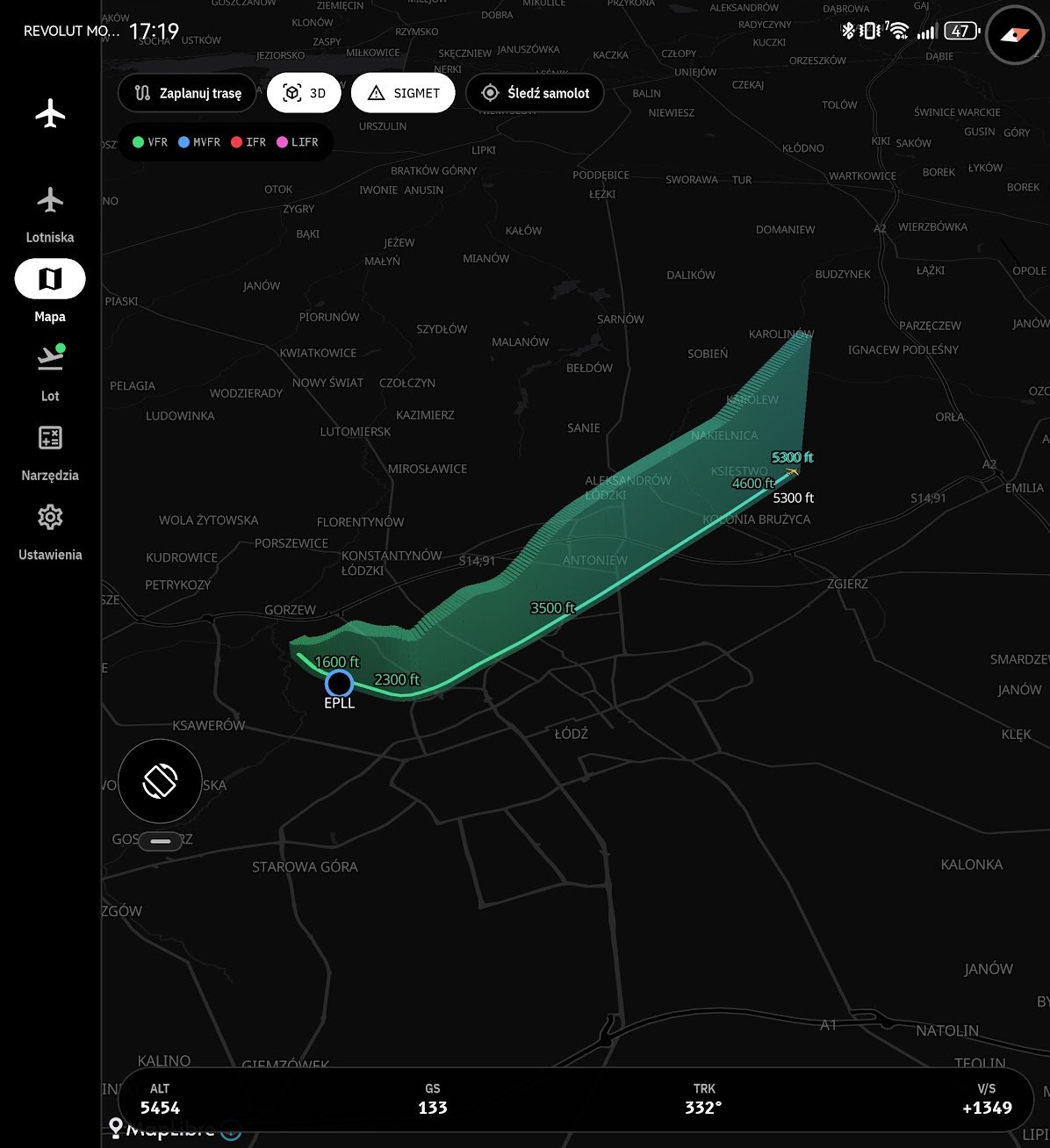 Mapa 3D: ślad lotu z profilem wysokości startującego z EPLL