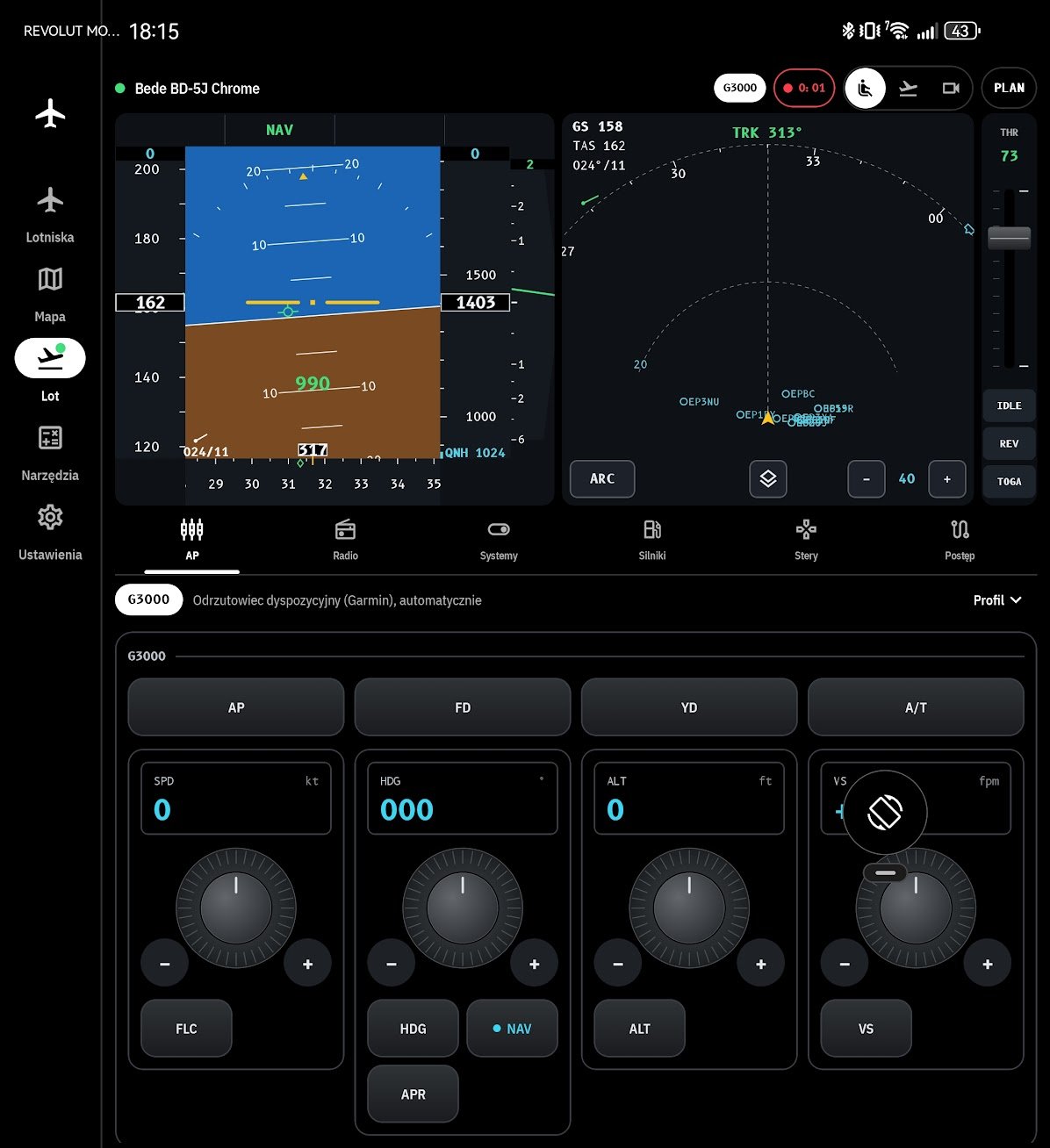 Kokpit Bede BD-5J: PFD, ND i panel autopilota w stylu Garmina